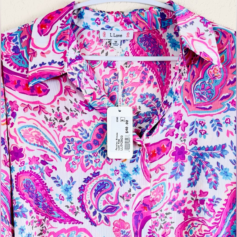 L Love Vibrant Pink Paisley Blouse Women’s Medium - Picture 2 of 5